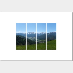 A great view of the Dolomites from a hill over the valley in South Tyrol. Lovely and relaxing place in the Italian Alps. Flowering fields and snowed mountains.. Sunny spring day. Posters and Art